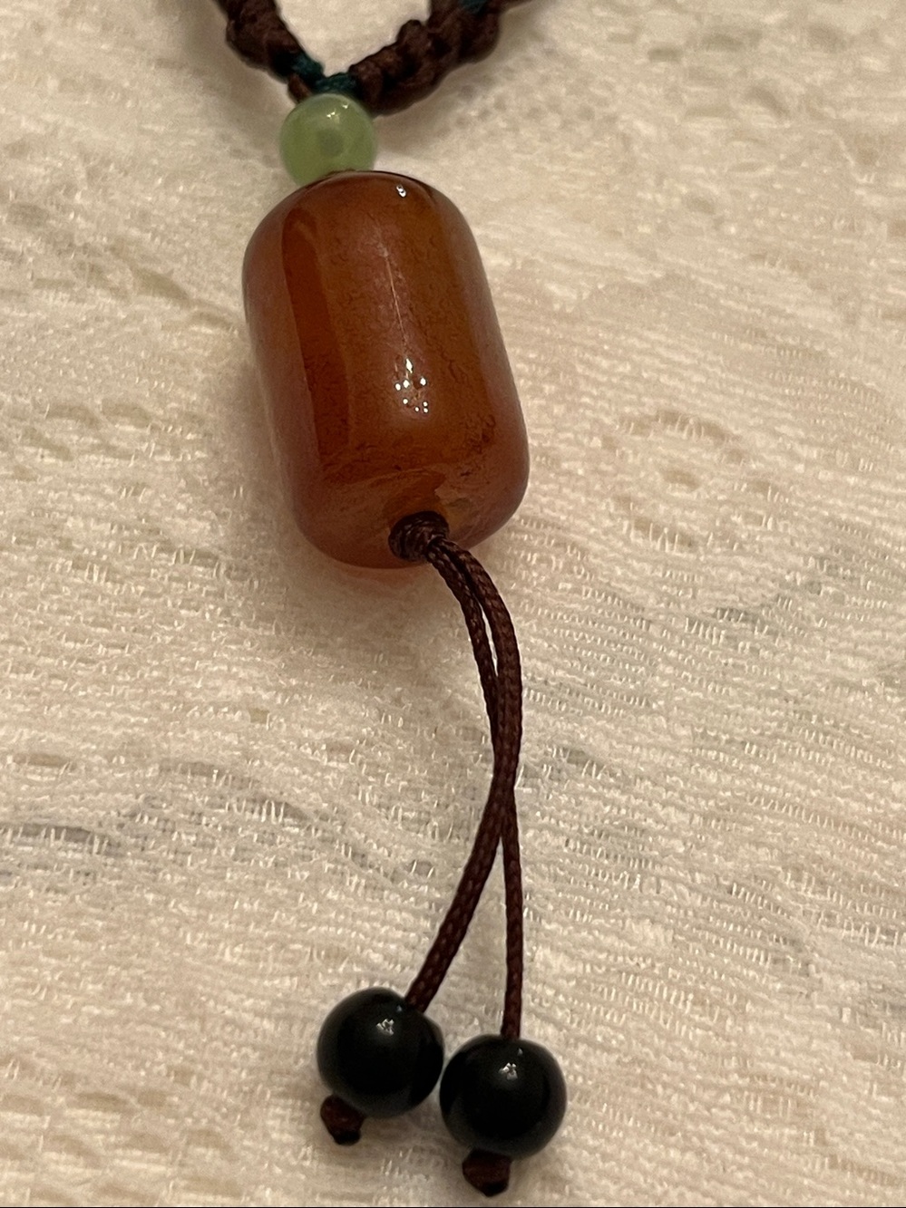 Brown Agate Bead Cord Necklace with Green Accent
